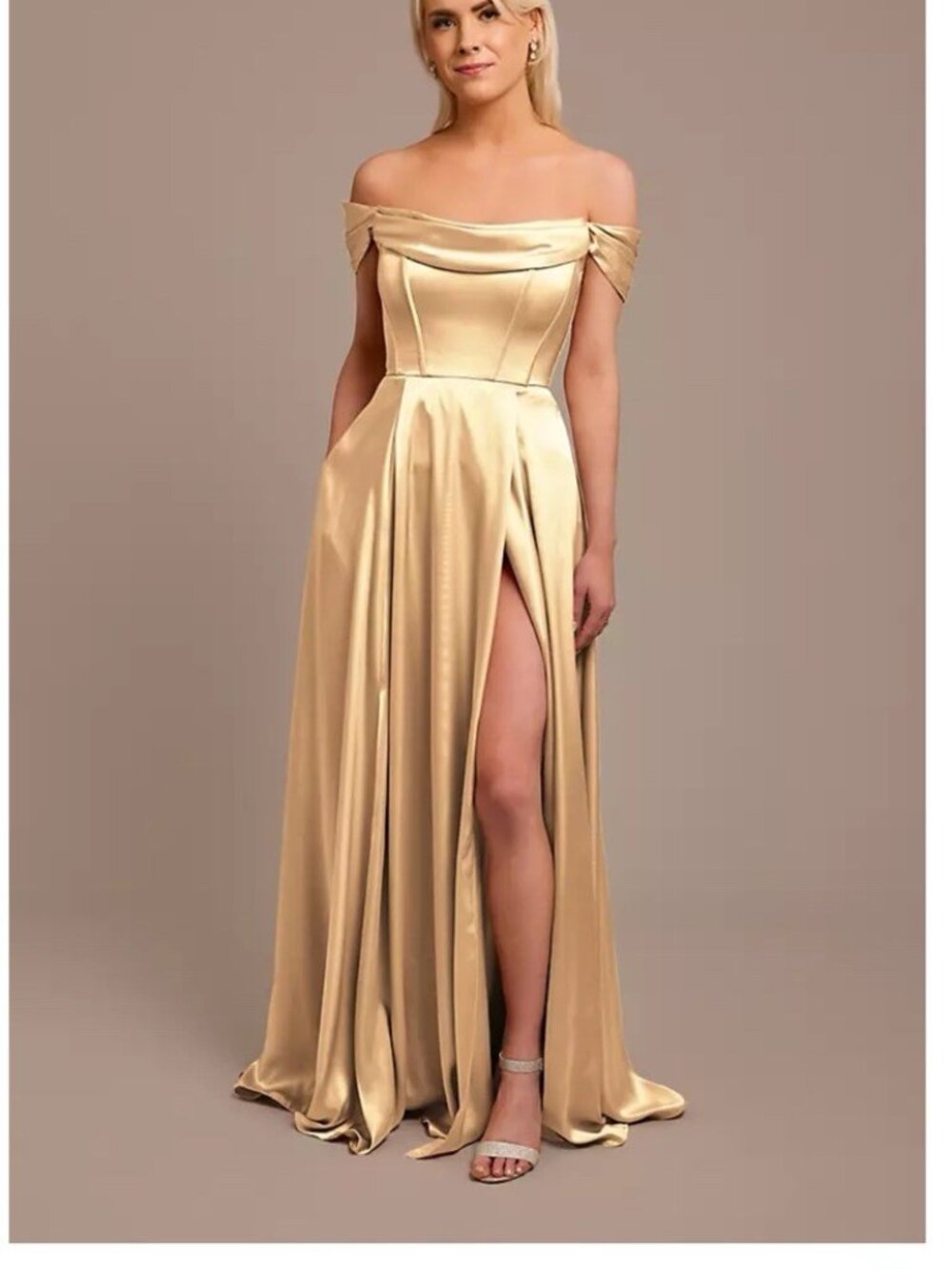 Galina Signature Golden Charmeuse Cowl off-the-shoulder bridesmaid dress Boning